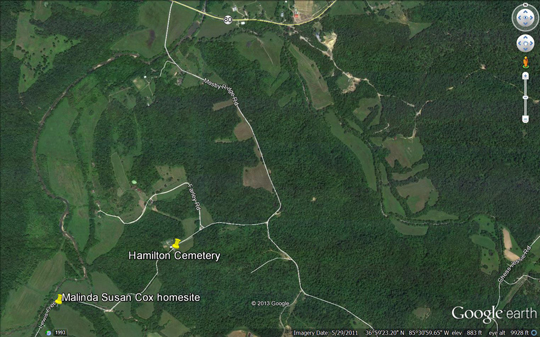 Map showing location of Hamilton cemetery